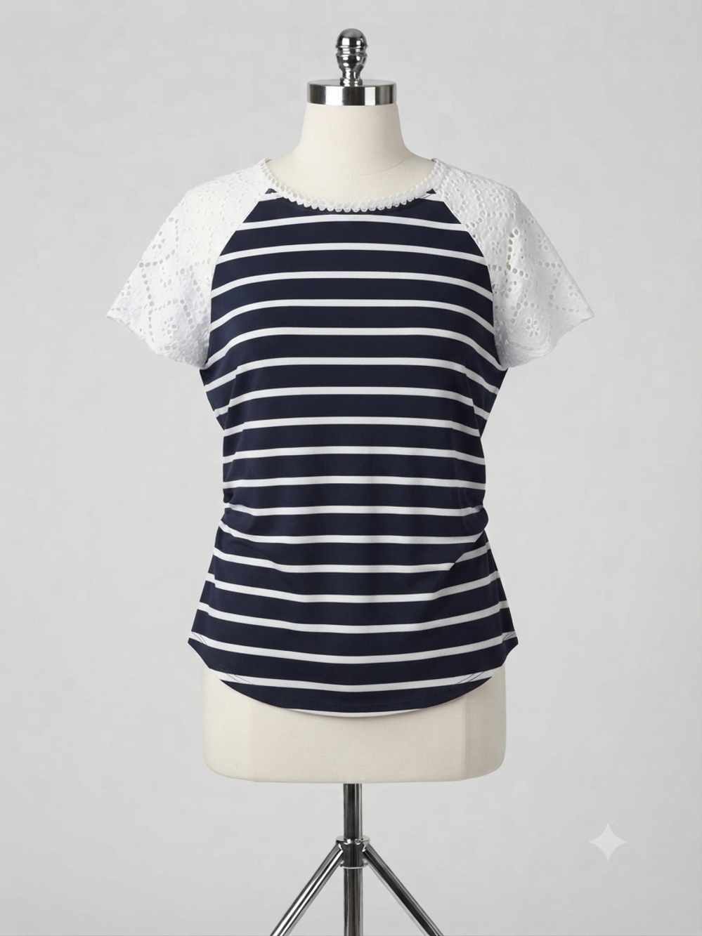 entro Navy & White Striped Tee with Eyelet Trim